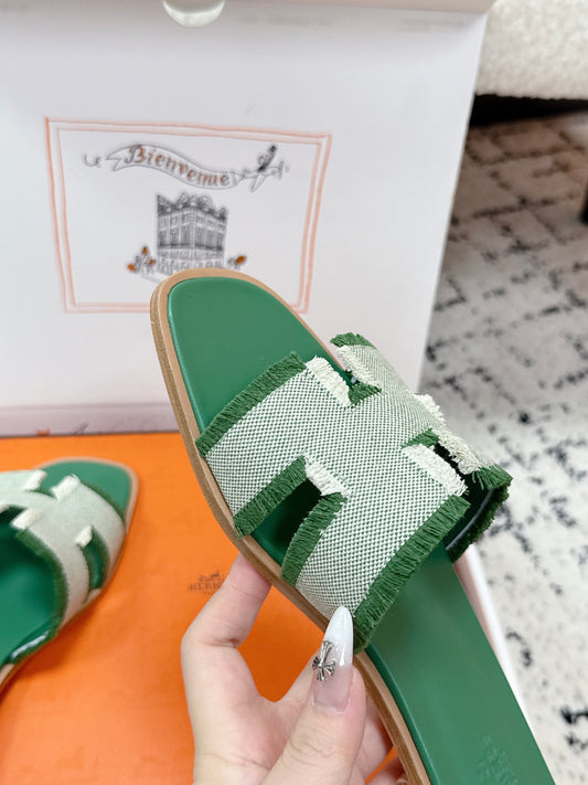 HM 26ss Oran Sandals Green White Canvas Cowhide 617215
