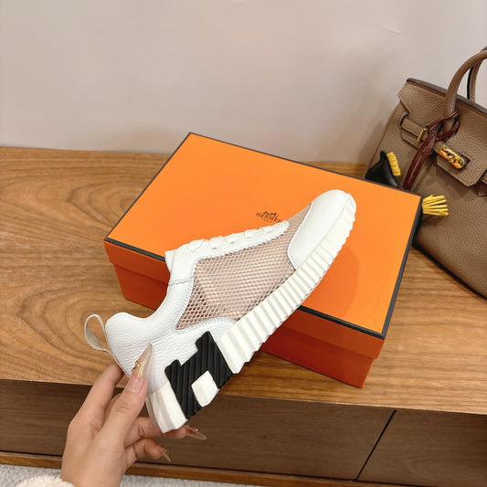 HM 26ss Sneakers White Beige Cowhide Fabric 638565