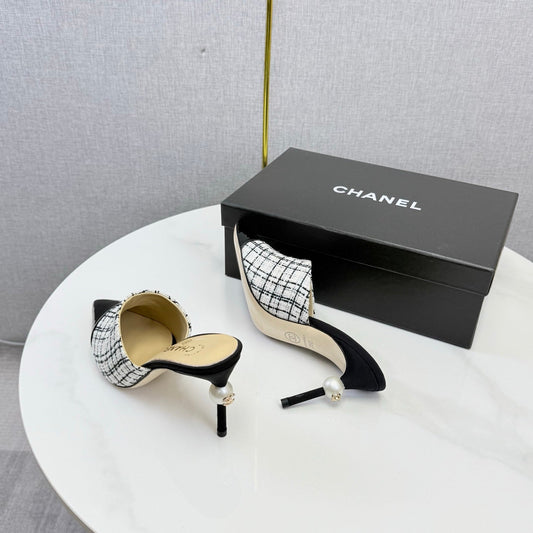 Chanel 2026 Pointy Heeled Mules 85mm Tweed Pearl 801951
