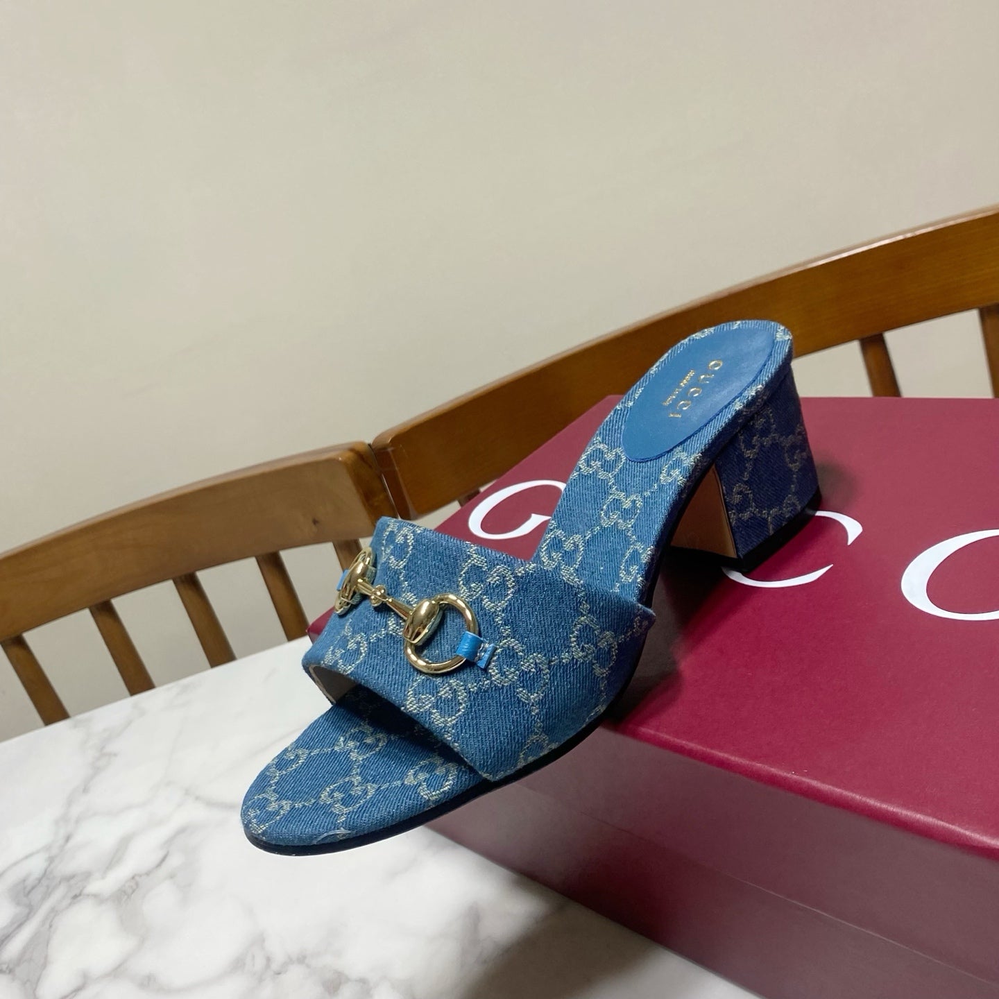 GG 26SS Chunky Heeled Sandals 65 Blue Denim Leather 640624