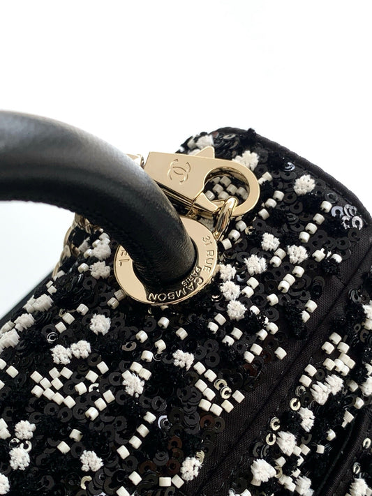 Chanel 2026 Top Handle Bag 19cm Black White Sequin Leather