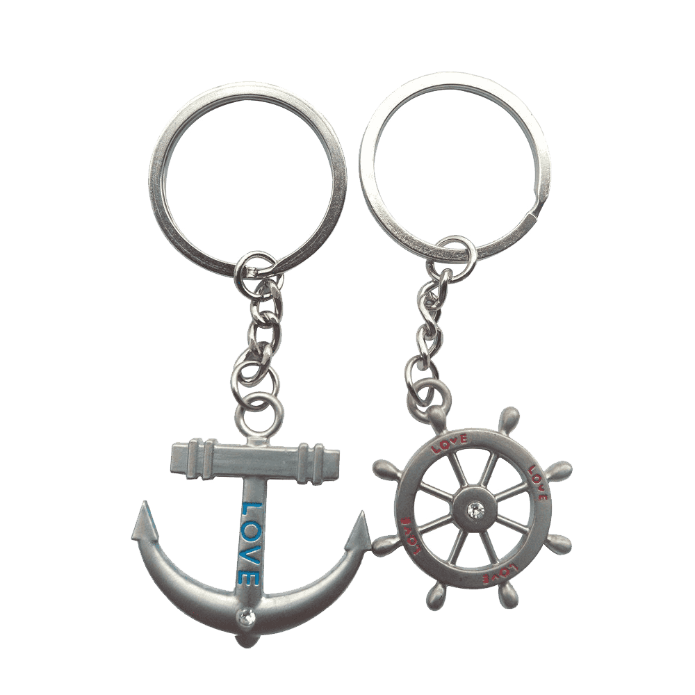 4EVER Romantic Stainless Alloy Metal Silver Nautical Steering Wheel Anchor & Love Boat Rudder Helm Couple Keychain