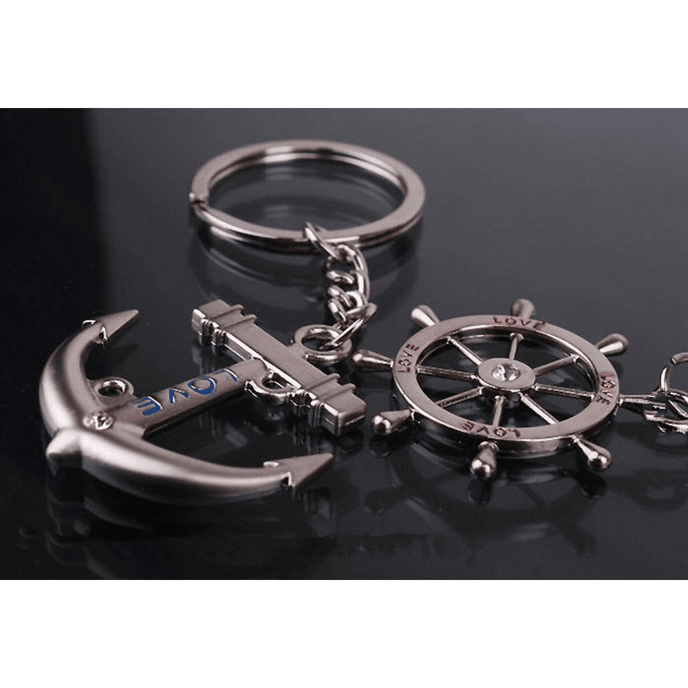 4EVER Romantic Stainless Alloy Metal Silver Nautical Steering Wheel Anchor & Love Boat Rudder Helm Couple Keychain