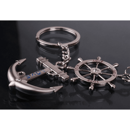 4EVER Romantic Stainless Alloy Metal Silver Nautical Steering Wheel Anchor & Love Boat Rudder Helm Couple Keychain