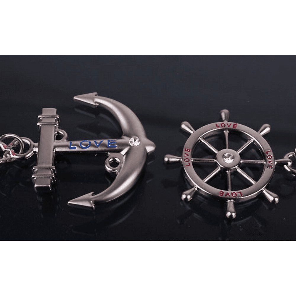 4EVER Romantic Stainless Alloy Metal Silver Nautical Steering Wheel Anchor & Love Boat Rudder Helm Couple Keychain