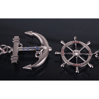 4EVER Romantic Stainless Alloy Metal Silver Nautical Steering Wheel Anchor & Love Boat Rudder Helm Couple Keychain