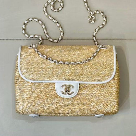 Chanel 2026 Flap Bag 23cm Beige Raffia And Lambskin