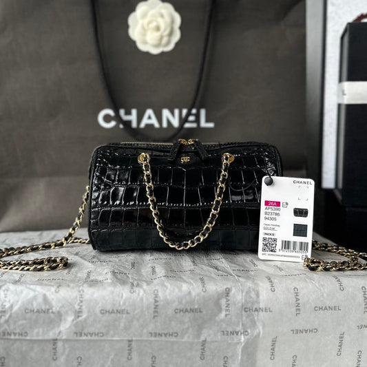 Chanel 2026 Crocodile Embossed Bowling Bag 18.5cm Leather