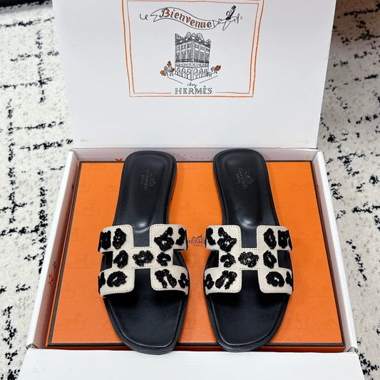 HM 26ss Oran Sandals Black Ivory Denim Cowhide 617184