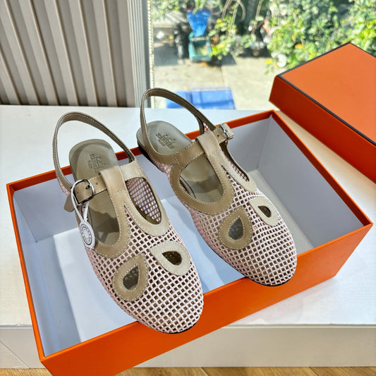 HM 26ss Pig-Nose Flat Sandals Ivory Nude Mesh Sheepskin 603924