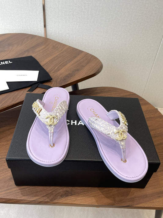 Chanel 2026 Thong Sandal Tweed Gold Logo Details 790366