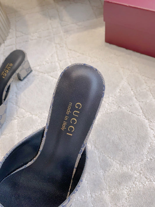 GG 26SS High-Heeled Sandals Gray Blue Black Canvas Leather 644533