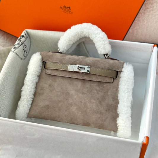 Hermes 2026 Mini Kelly Bag Etoupe Suede Wool 284469