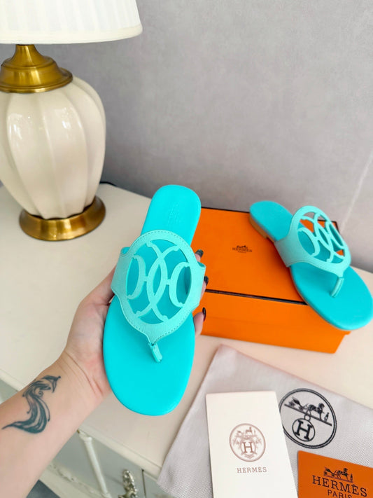 HM 26ss Pig-Nose Slipper Turquoise Leather 605904