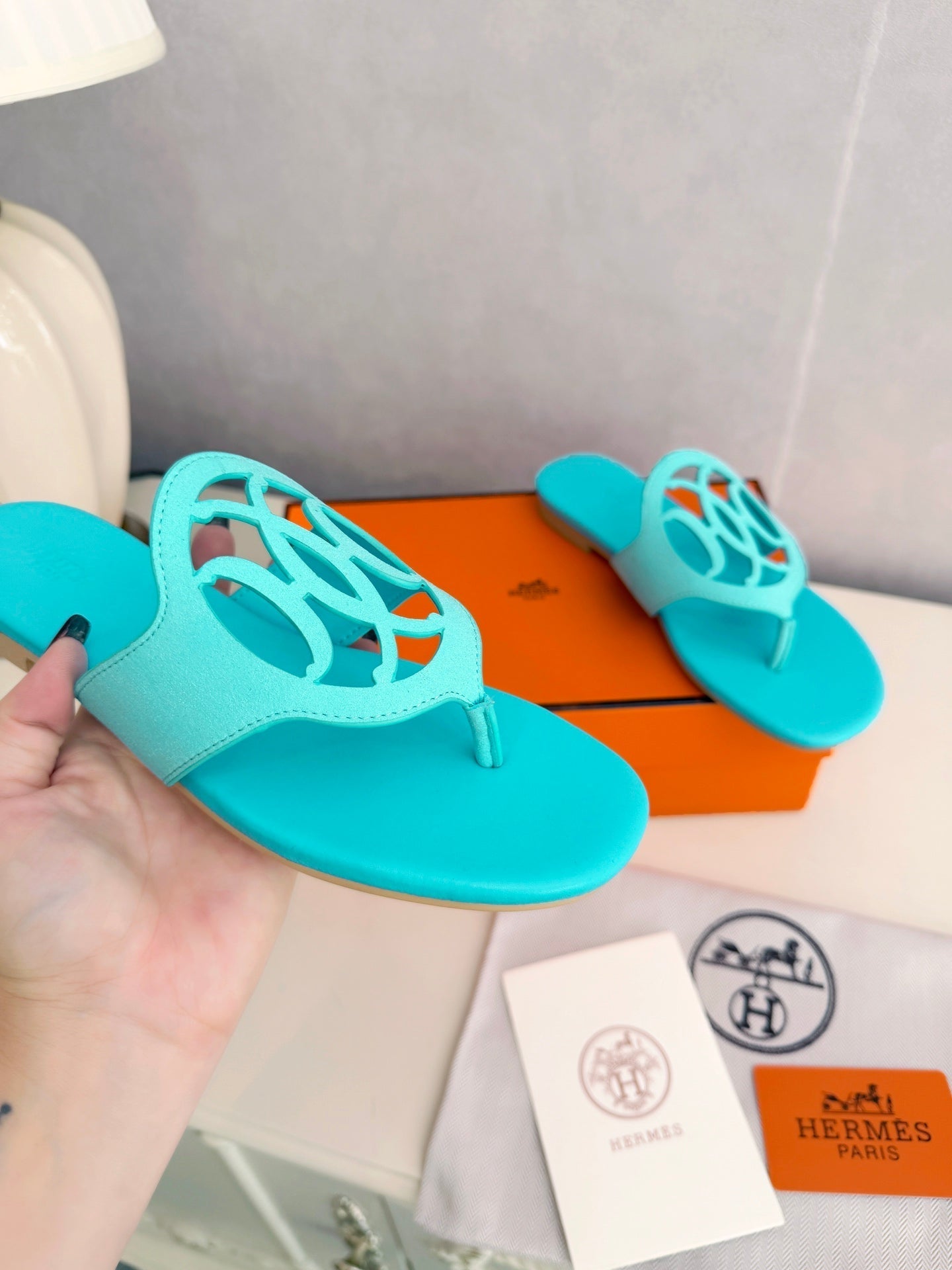 HM 26ss Pig-Nose Slipper Turquoise Leather 605904