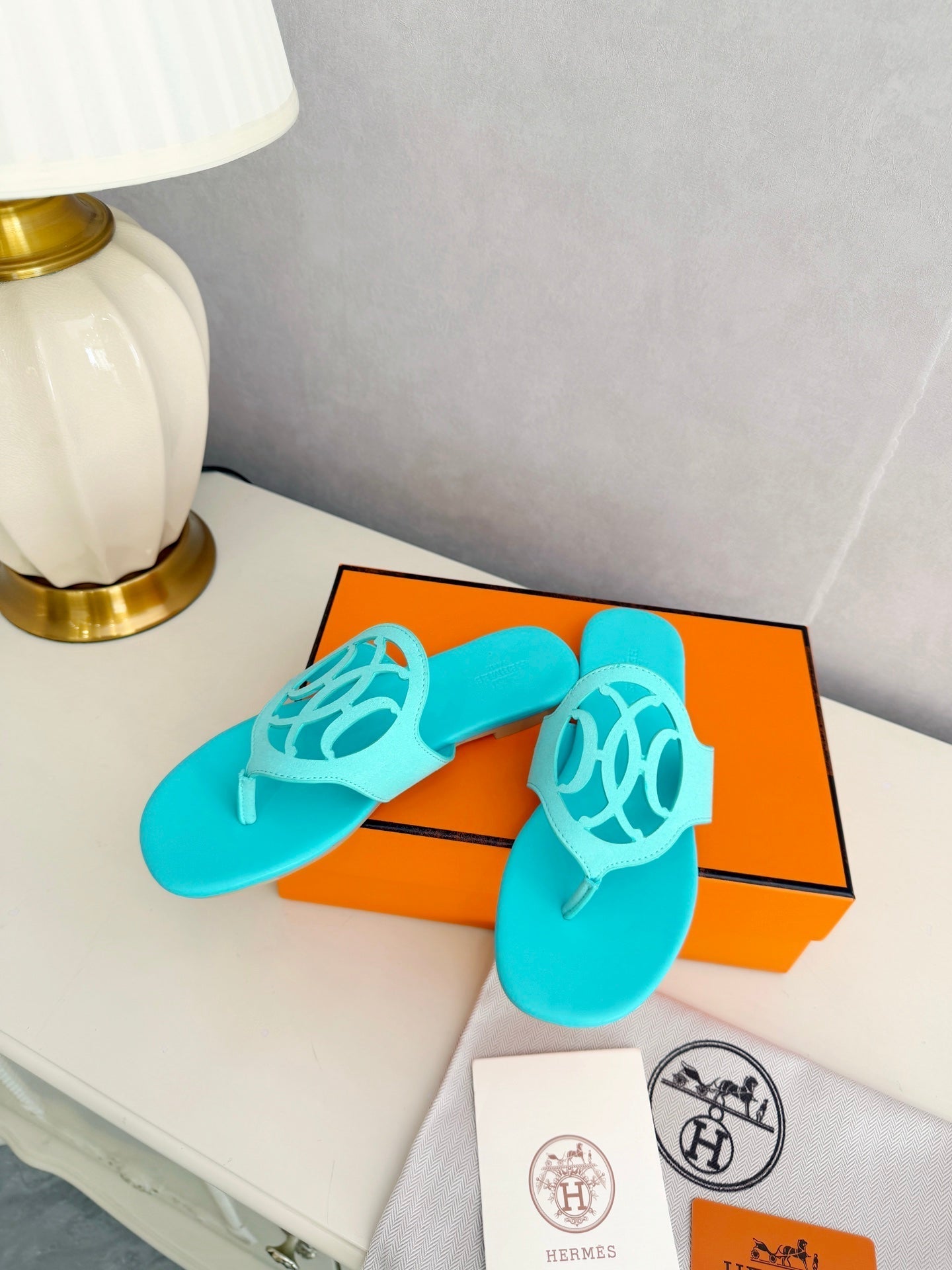 HM 26ss Pig-Nose Slipper Turquoise Leather 605904