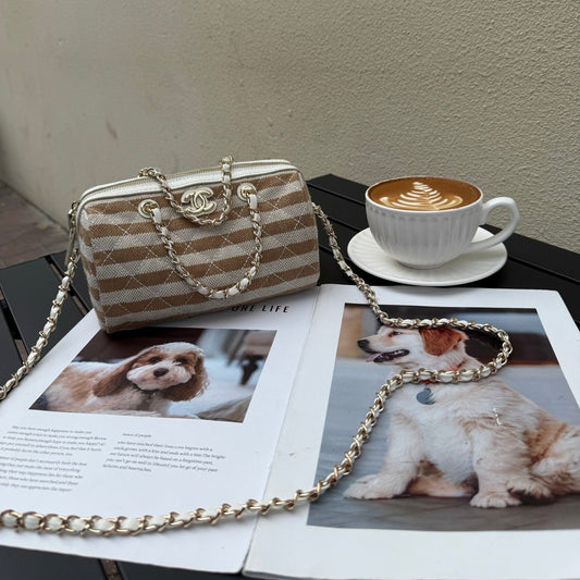 Chanel 2026 Deauville Bowling Bag 18cm White mix Light Brown Canvas Leather