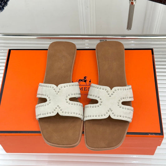 HM 26ss Flat Slippers Brown White Suede 642828