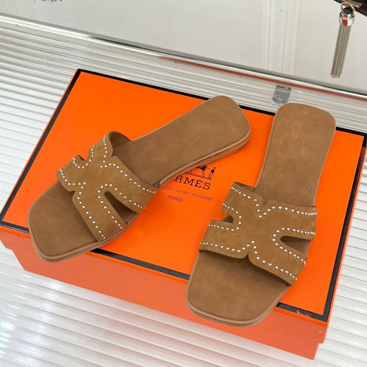 HM 26ss Flat Slippers Brown Suede 642830