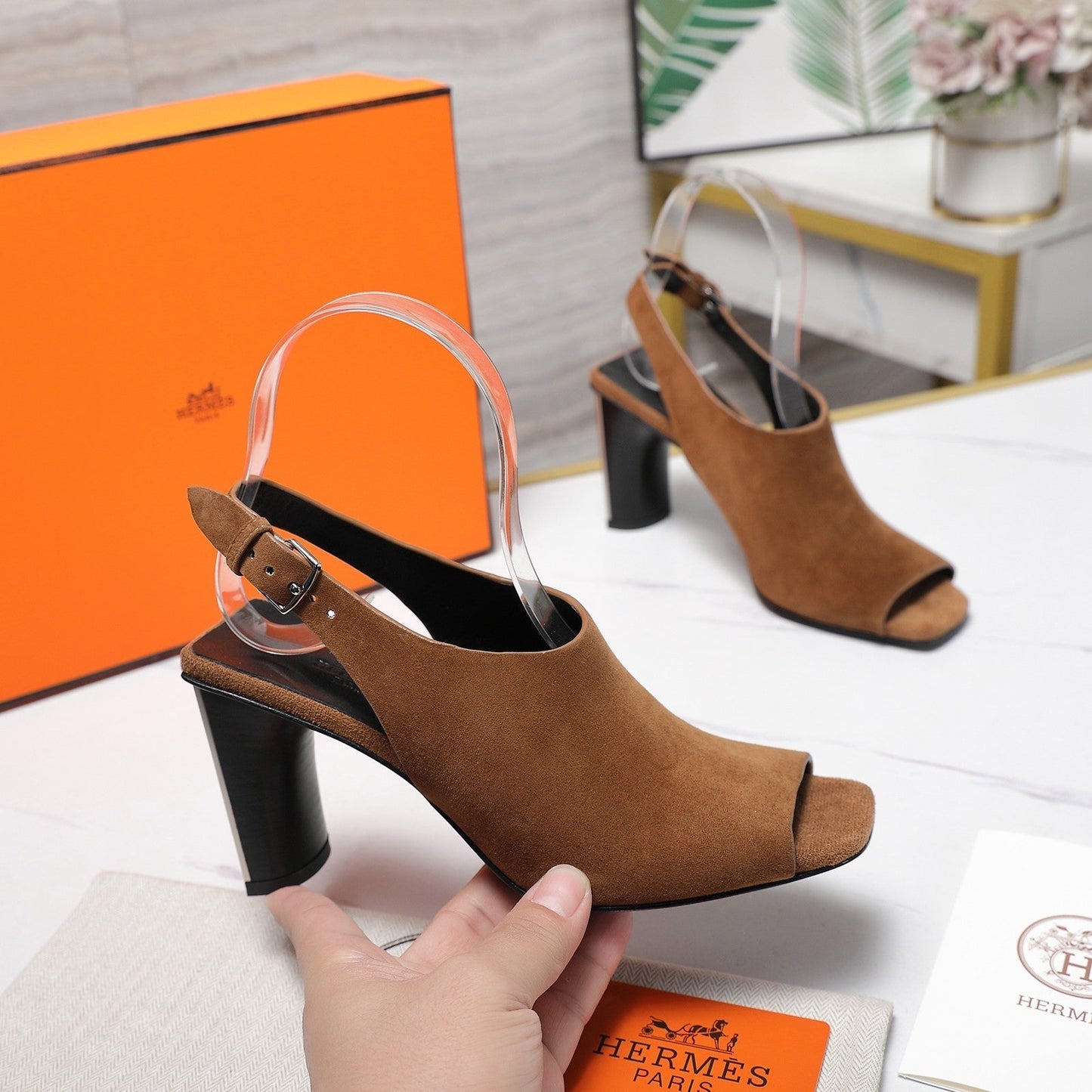 HM 26ss Peep-Toe Sandals 80 Brown Suede 601242