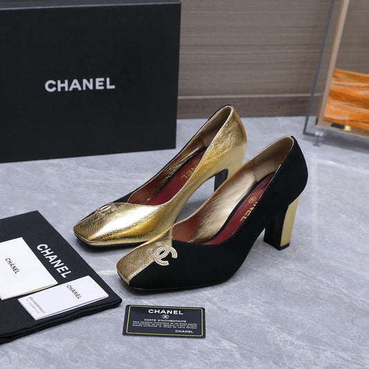 Chanel 2026 High-Heeled Pump 85mm Black-Gold Suede Sheepskin 758425