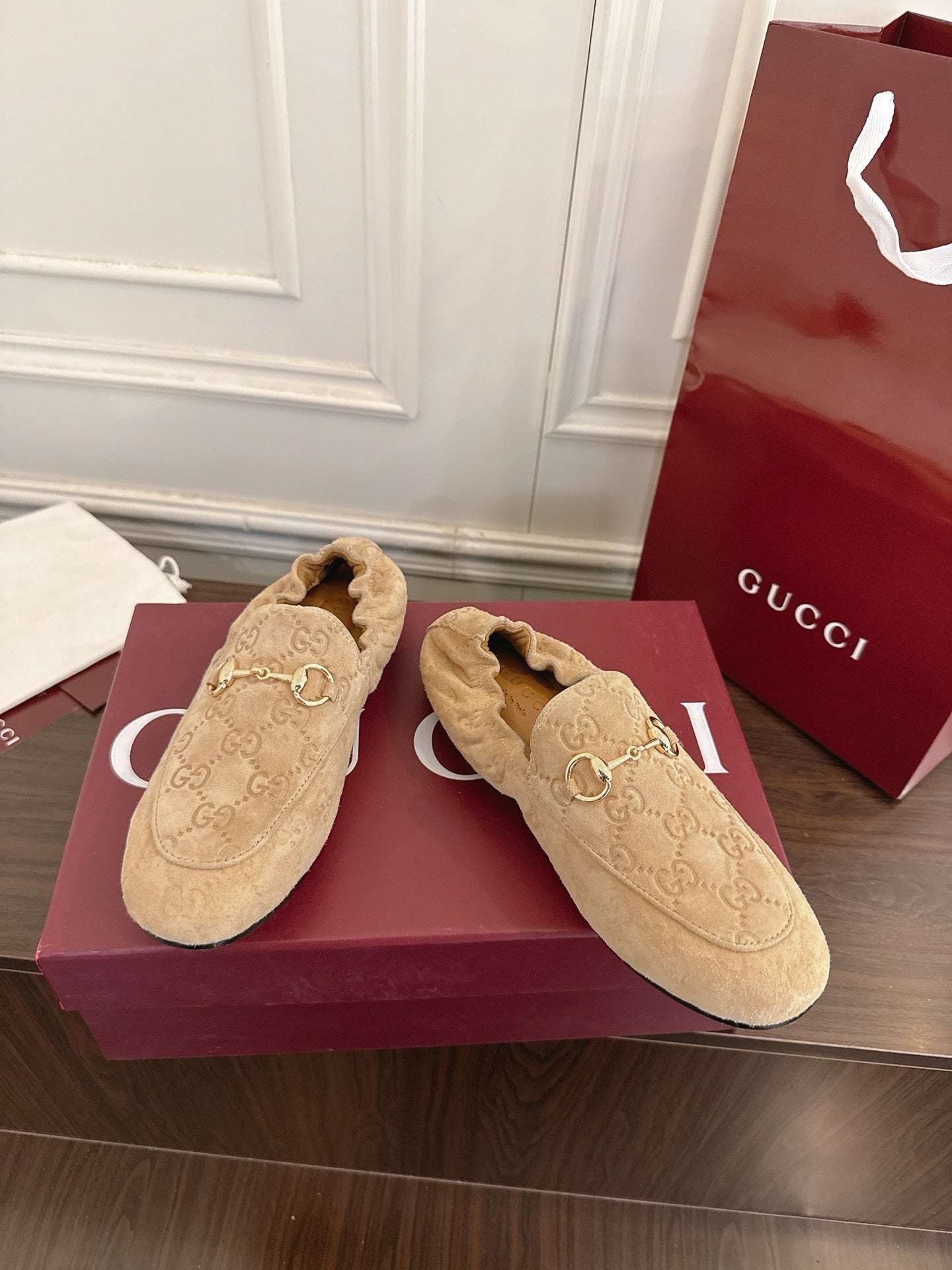GG 26SS Loafers Beige Monogram Suede Leather 645961