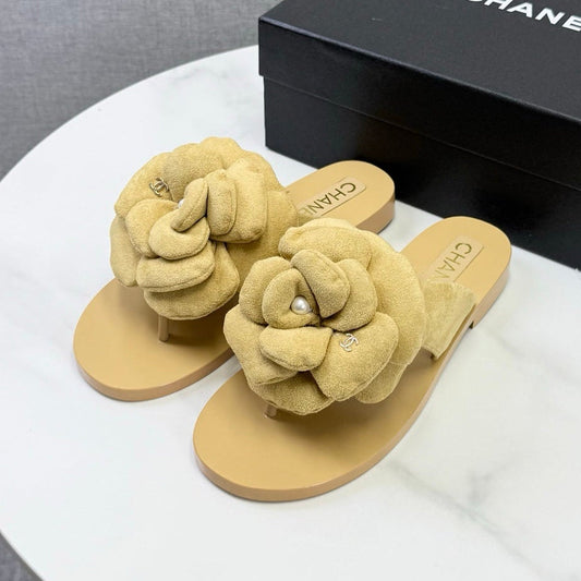 Chanel 2026 Flower Flat Thong Sandals Suede Cowhide 801431