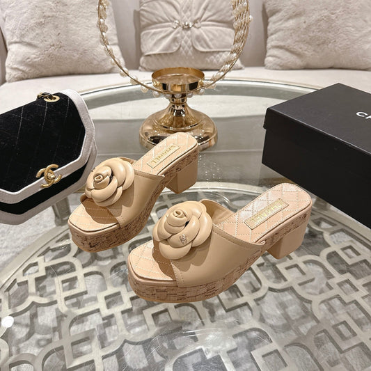 CC 26s Camellia Platform Slippers 65 Beige Lambskin 627049