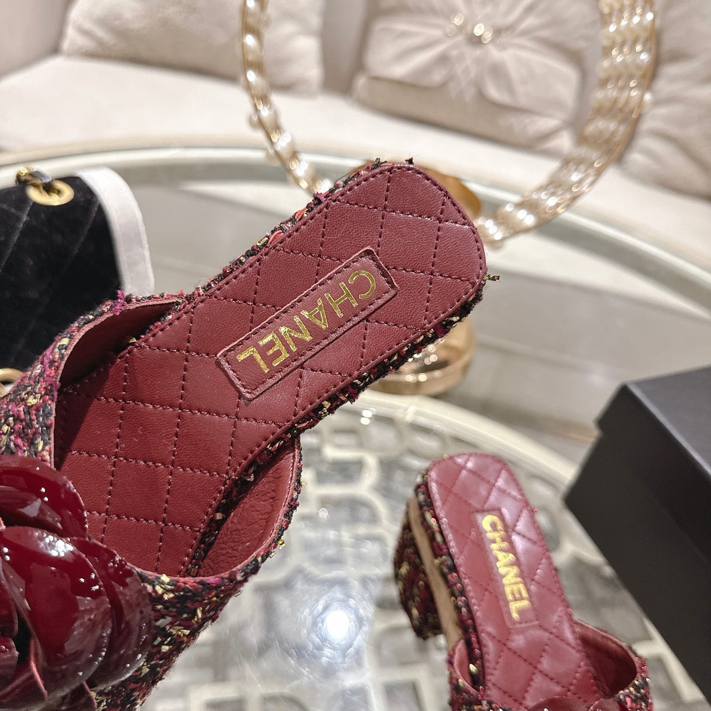 CC 26s Camellia Platform Slippers 65 Burgundy Multicolor Tweed Leather 627053