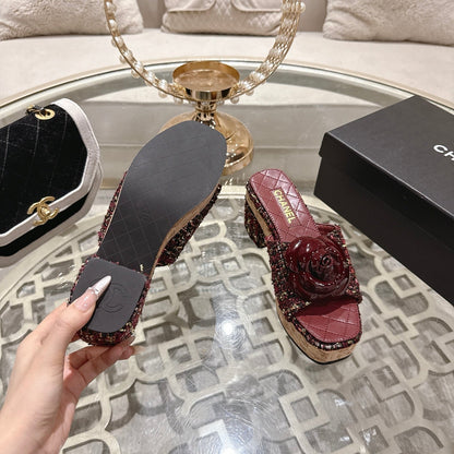 CC 26s Camellia Platform Slippers 65 Burgundy Multicolor Tweed Leather 627053