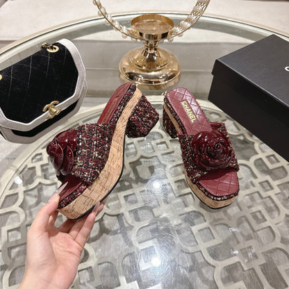 CC 26s Camellia Platform Slippers 65 Burgundy Multicolor Tweed Leather 627053