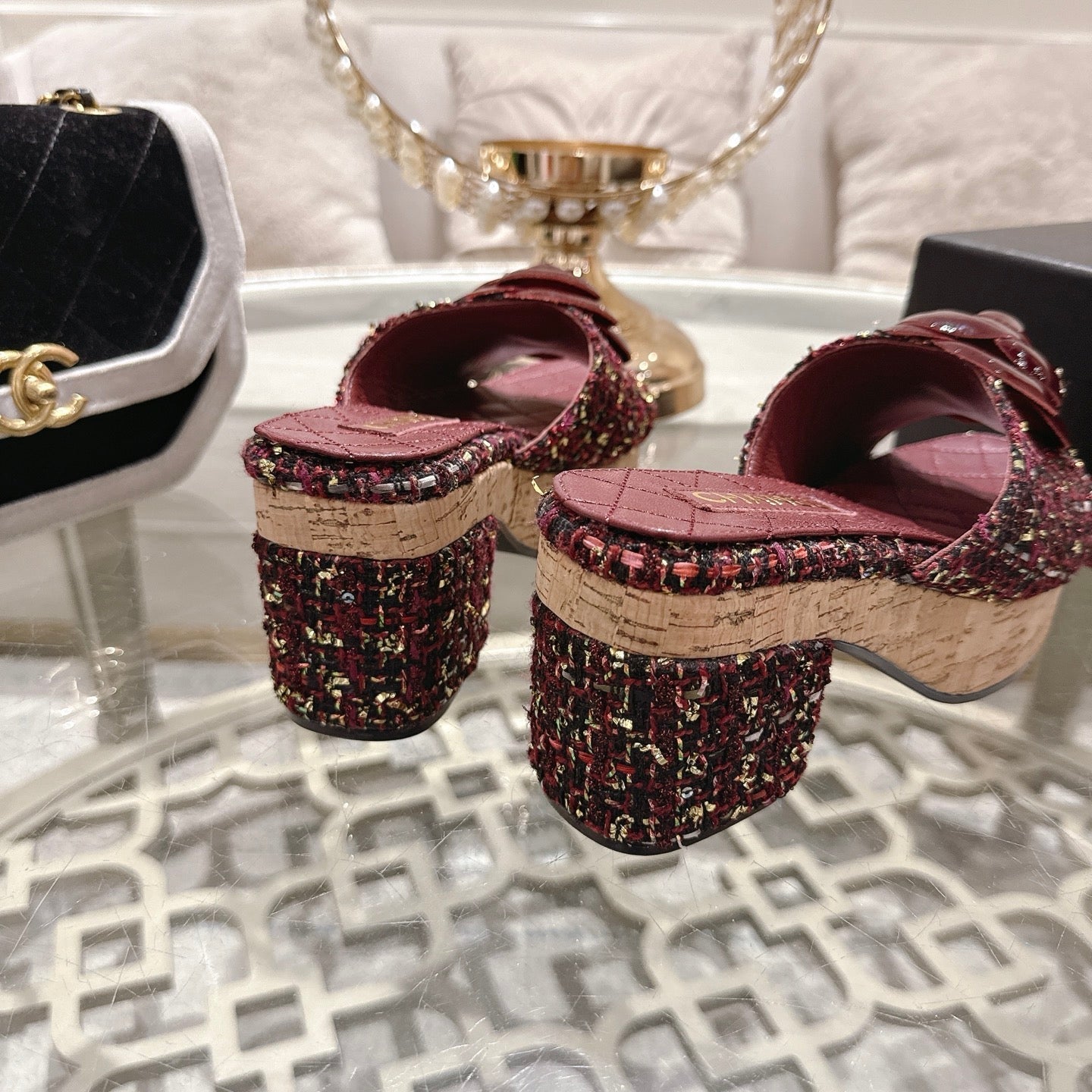 CC 26s Camellia Platform Slippers 65 Burgundy Multicolor Tweed Leather 627053