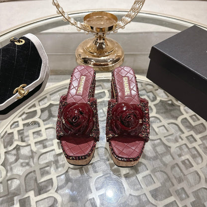 CC 26s Camellia Platform Slippers 65 Burgundy Multicolor Tweed Leather 627053