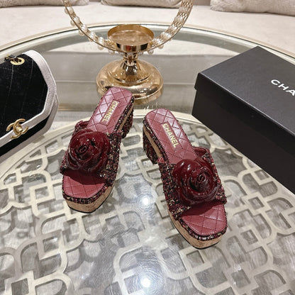 CC 26s Camellia Platform Slippers 65 Burgundy Multicolor Tweed Leather 627053