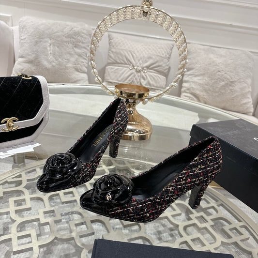 CC 26s High Heels Pump 85 Black Colorful Wool Fabric 627014