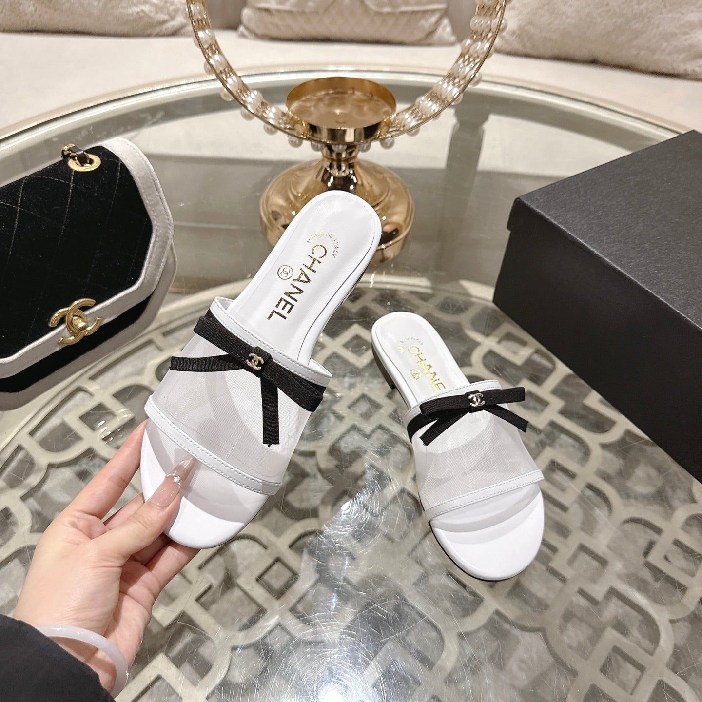 CC 26s Chunky Heel Sandals White Mesh Sheepskin 627066
