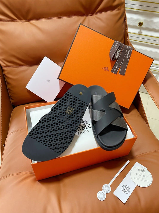 HM 2026 Cross Sandals Black Tan Canvas Calfskin 667287