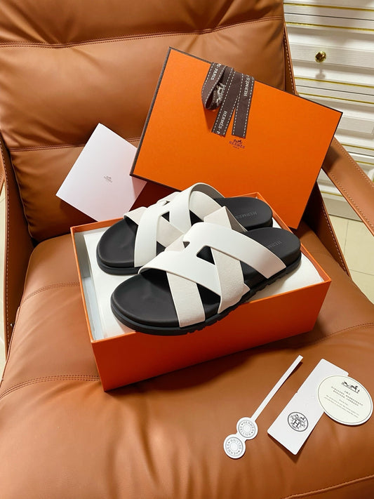 HM 2026 Cross Sandals Black White Suede Calfskin 667294