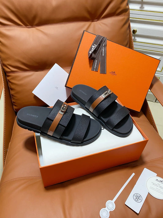 HM 2026 Velcro Sandals Black Cowhide Brown Belt 663785