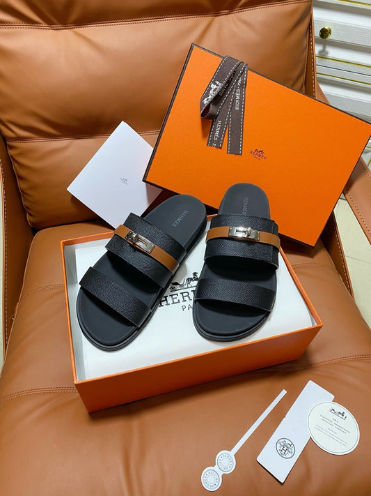HM 2026 Velcro Sandals Black Cowhide Brown Belt 663785