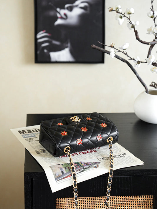 Chanel 2026 Red Flower Flap Bag 25.5cm Black Lambskin