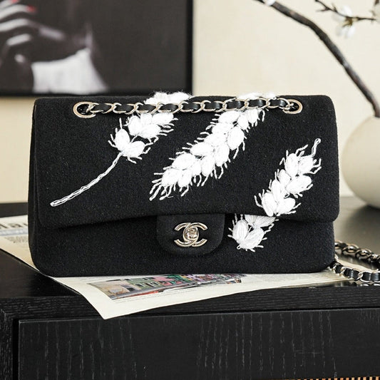 Chanel 2026 Wheat Embroidery Bag 25.5cm Black Velvet Leather