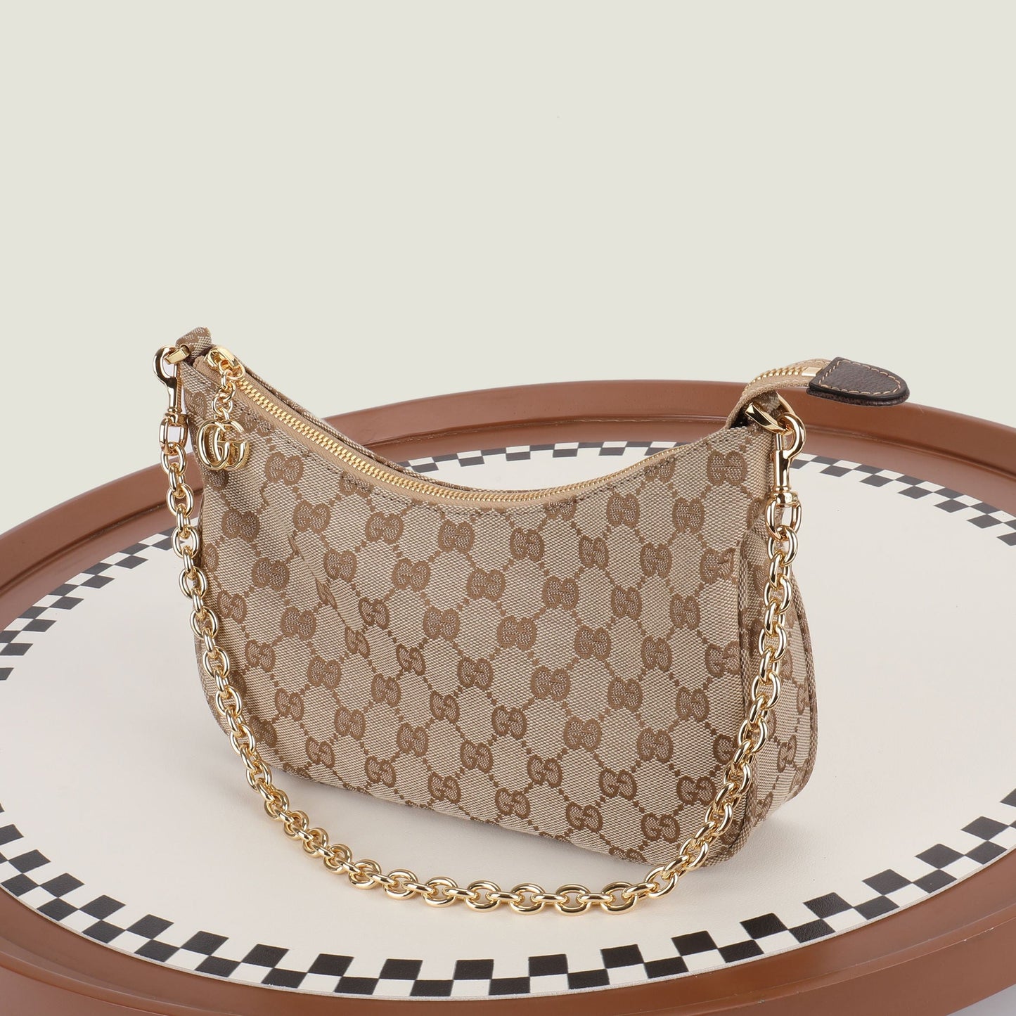 Gucci 2026 Lady Lunetta Chain Shoulder Bag Brown Canvas Leather