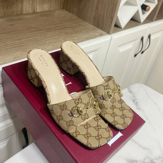 GG 26SS Chunky Heeled Sandals 65 Beige White Canvas Leather 640621