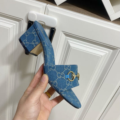 GG 26SS Chunky Heeled Sandals 65 Blue Denim Leather 640624