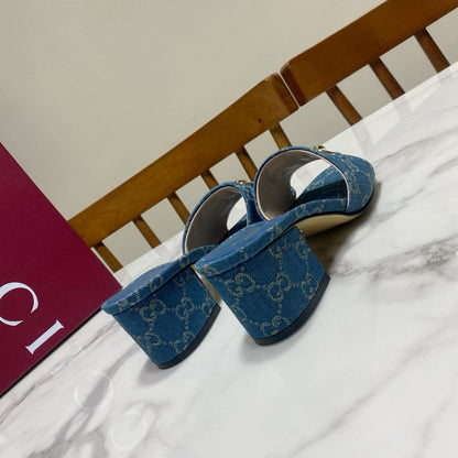 GG 26SS Chunky Heeled Sandals 65 Blue Denim Leather 640624