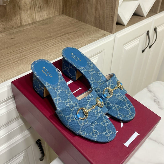 GG 26SS Chunky Heeled Sandals 65 Blue Denim Leather 640624