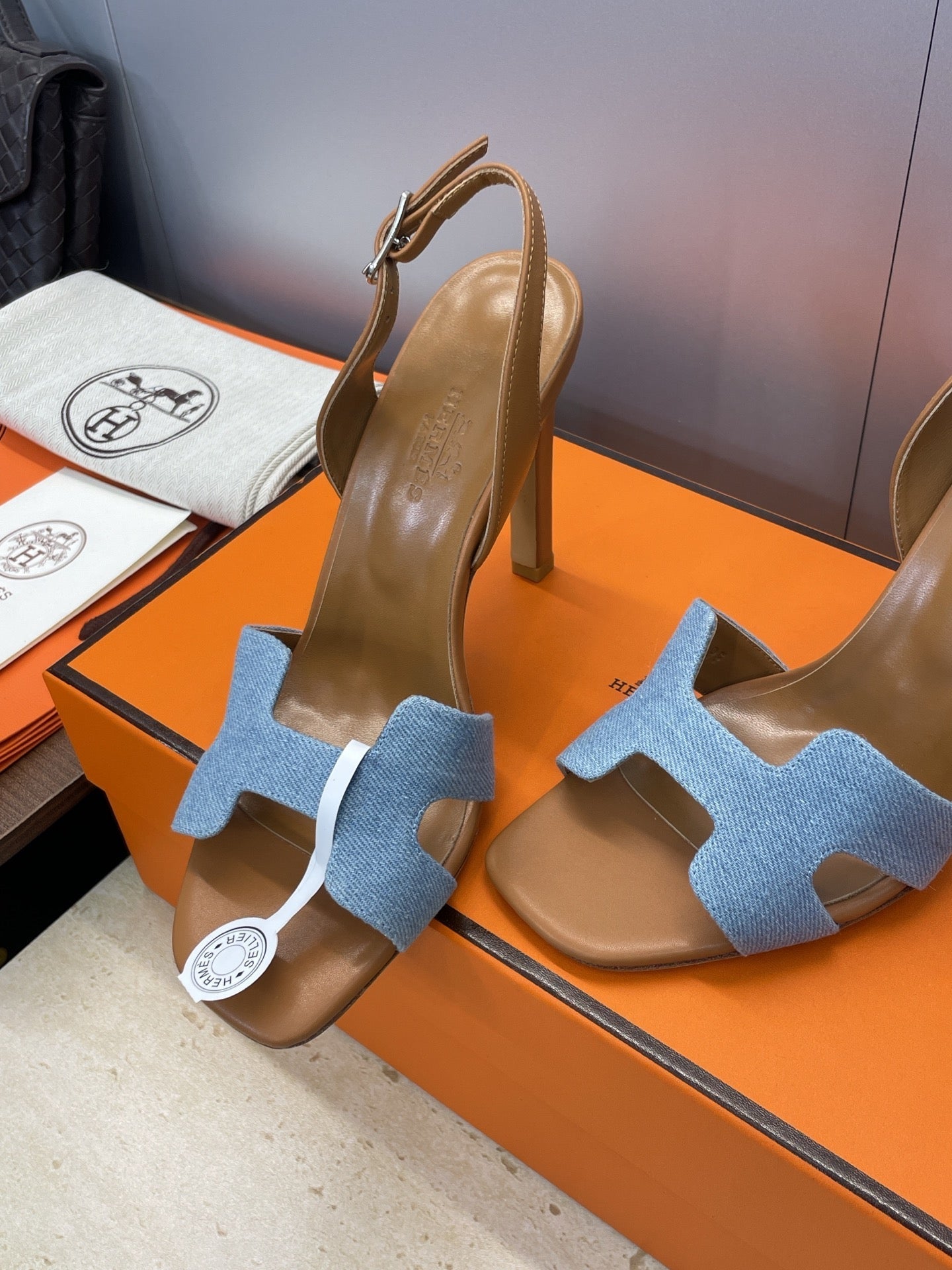 HM 26ss High Heel Sandals 105 Brown Blue Denim Cowhide 607147
