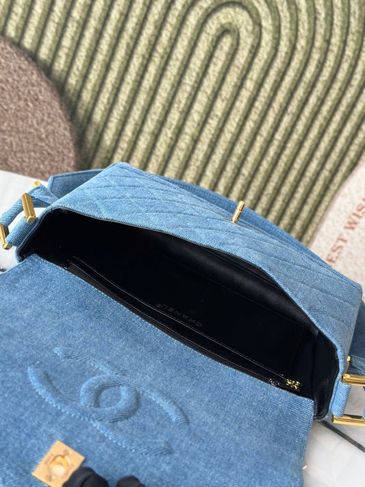Chanel 2026 Quilted Flap Bag 25.5cm Blue Denim Leather