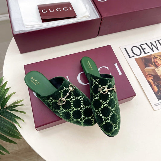 GG 26 Horsebit Flat Mules Rhinestones Dark Green Velvet 587082